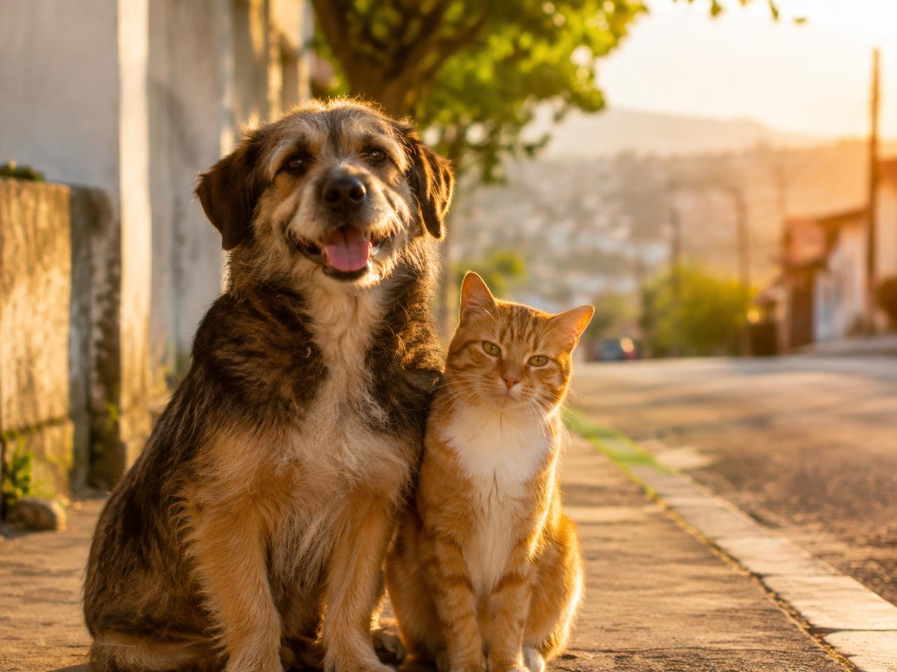 Cachorro e gato juntos na calçada